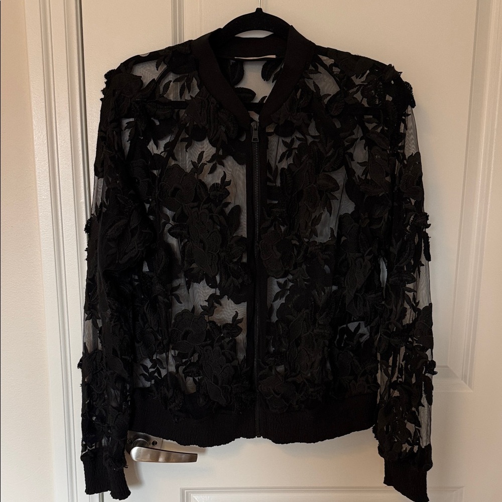 T Tahari Black Floral Appliqué Mesh Bomber Jacket